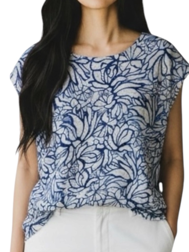 Martha Stewart Collection 100 Linen Cap Sleeve Floral Top In BlueWhite Large Martha Stewart Collection 100 Linen Cap Sleeve Floral Top In BlueWhite Large